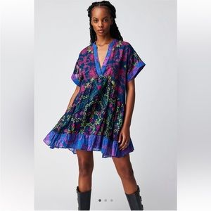 NWOT Free People Printed Agnes Ruffles Bold Colorful Mini Dress L